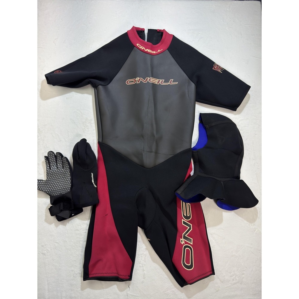 O'Neill Reactor Shorty Wetsuit L Black Red Gray W Hood Gloves Neoprene